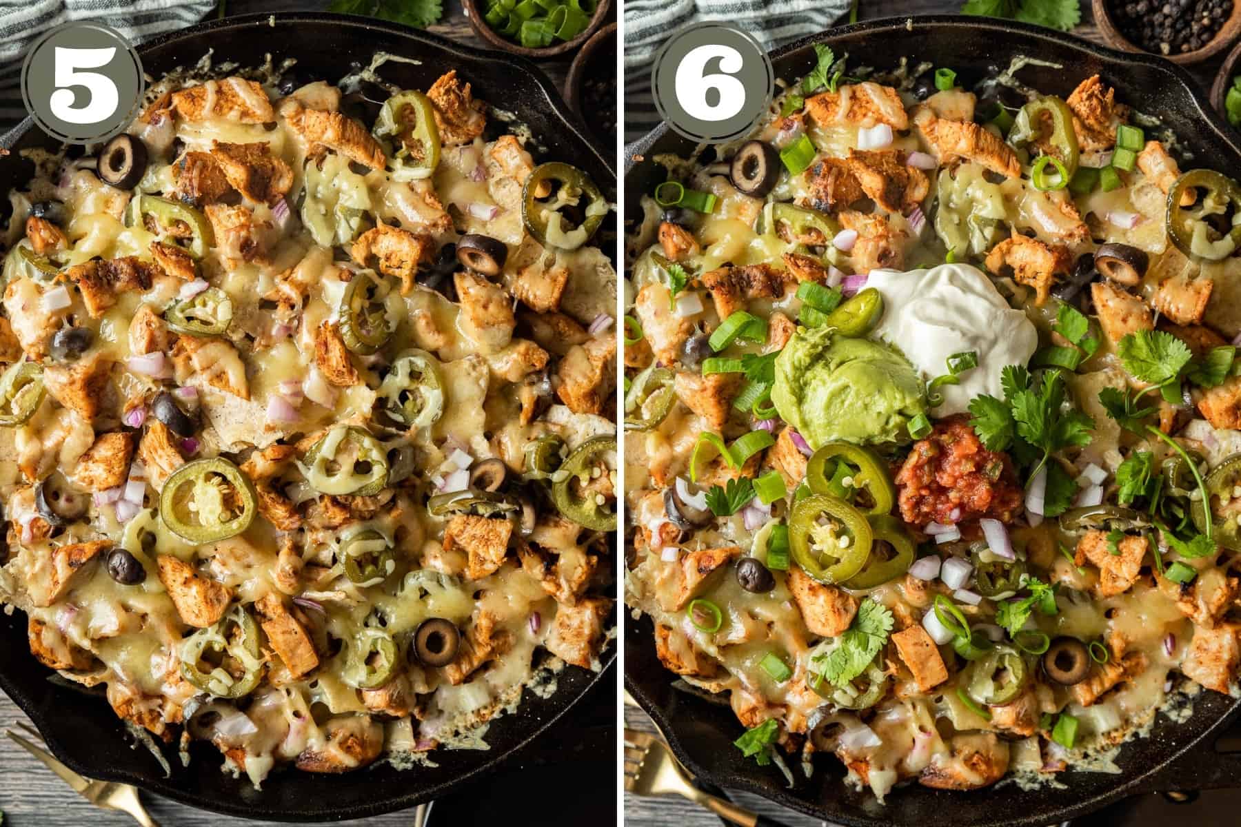 A split photo showing cooked nachos in a cast iron and the nachos topped with sour cream, guacamole, and salsa.