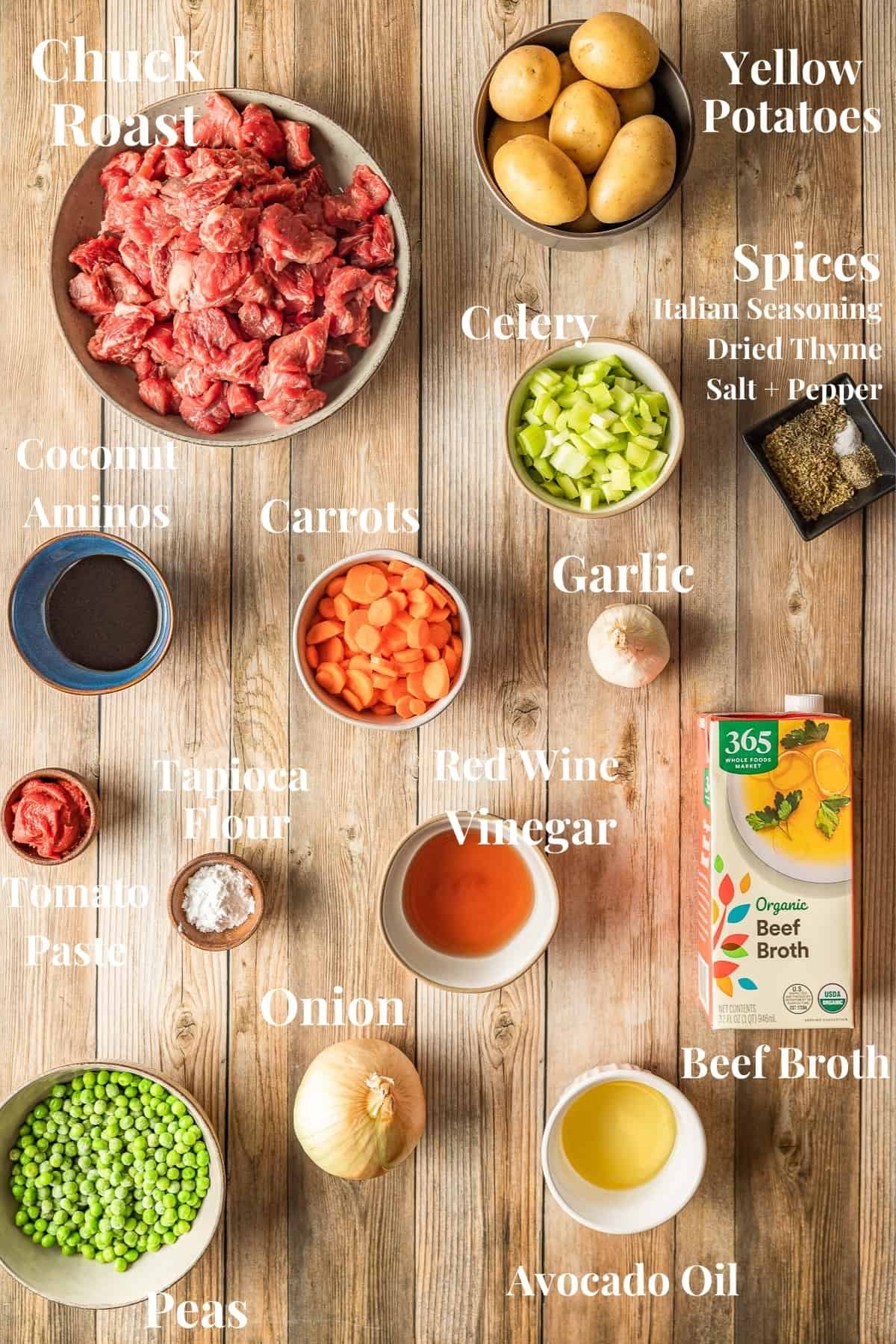 An overview shot of the ingredients needed for beef stew in separate bowls