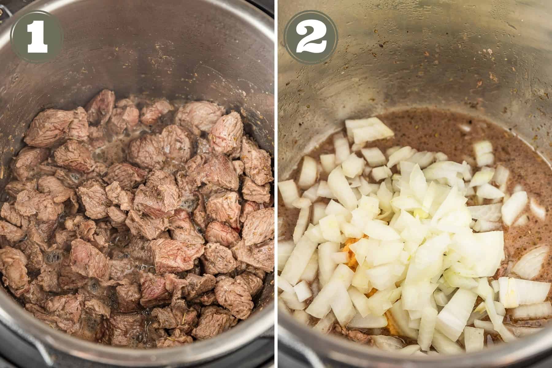 Side by side process shots of the steps to make beef stew including browning meat and onions.