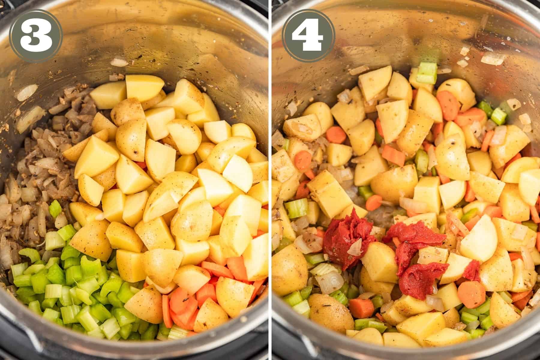Side by side process shots of the steps to make beef stew including adding potatoes and vegetables to an instant pot.