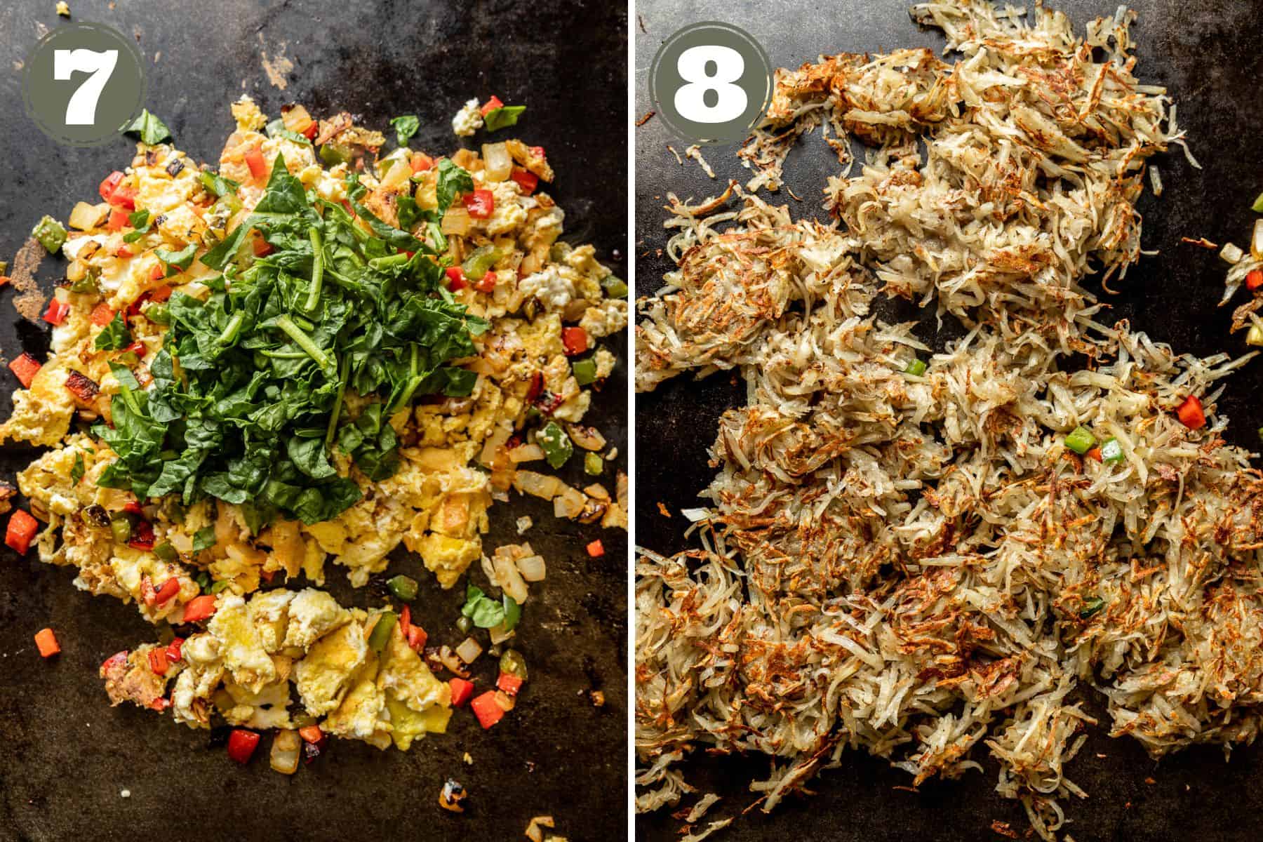Side by side photos showing scrambled eggs mixed with veggies and crispy hashbrowns on the griddle.