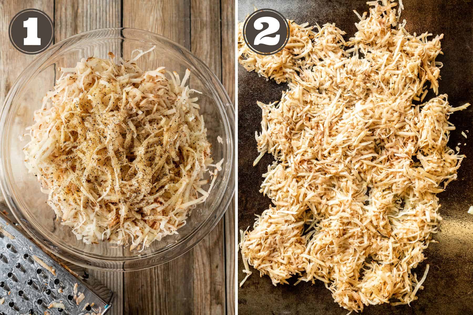 Side by side process photos of shredded potatoes in a bowl and shredded potatoes on a griddle. 