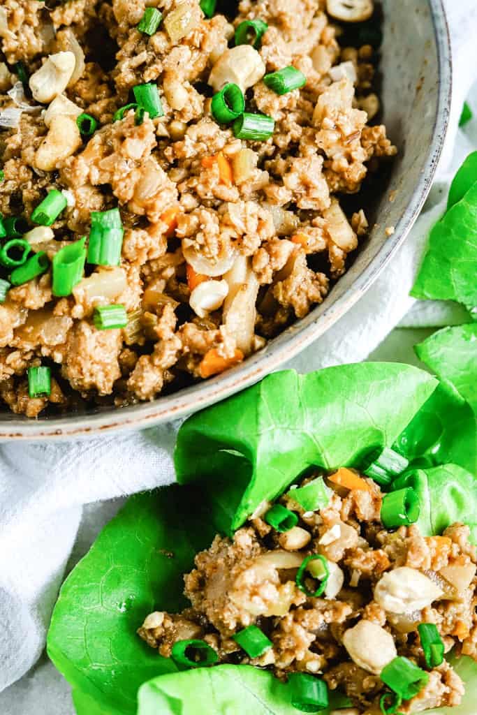 A bowl of chicken lettuce wrap filling