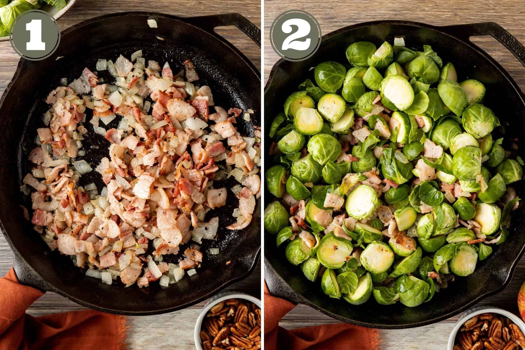Process shots of bacon and onions being cooked in a cast iron with brussels sprouts added in.