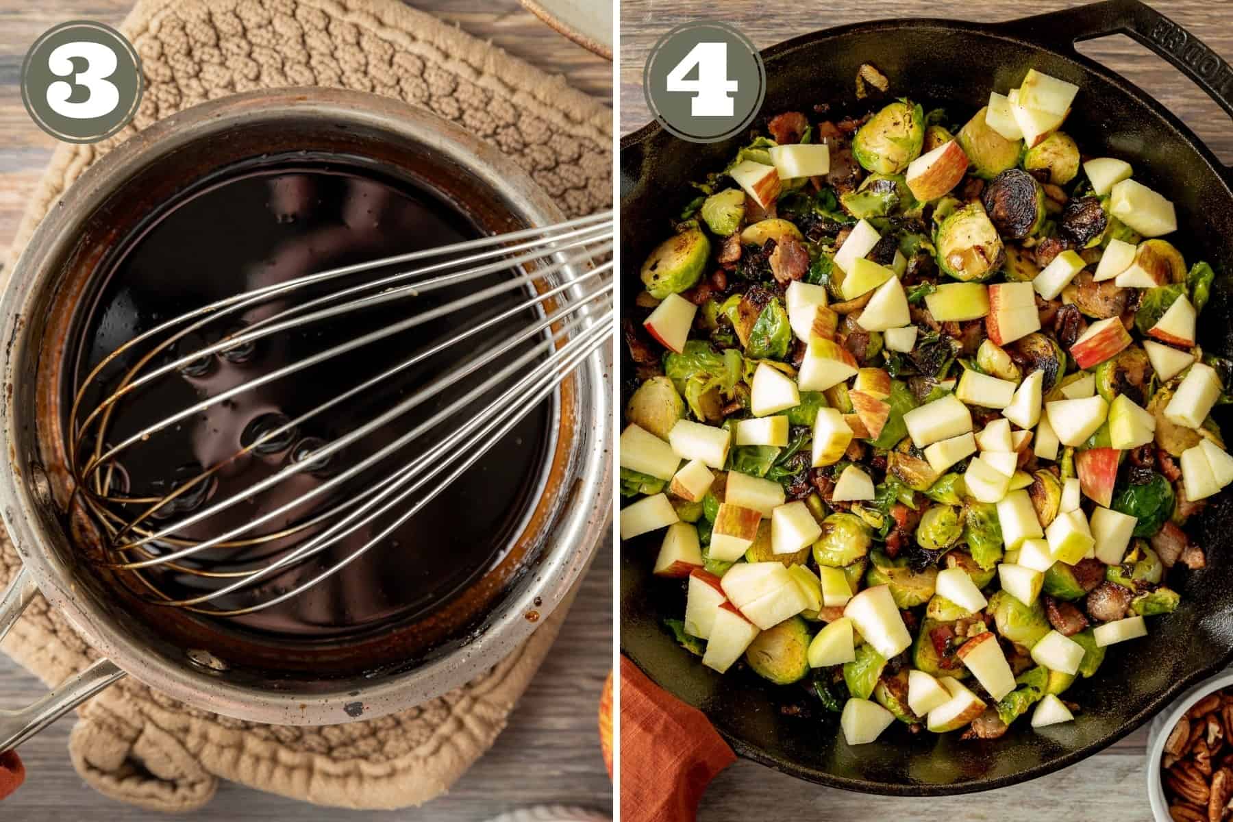 Process shots of balsamic glaze in a pan and a skillet of brussels sprouts and apples.