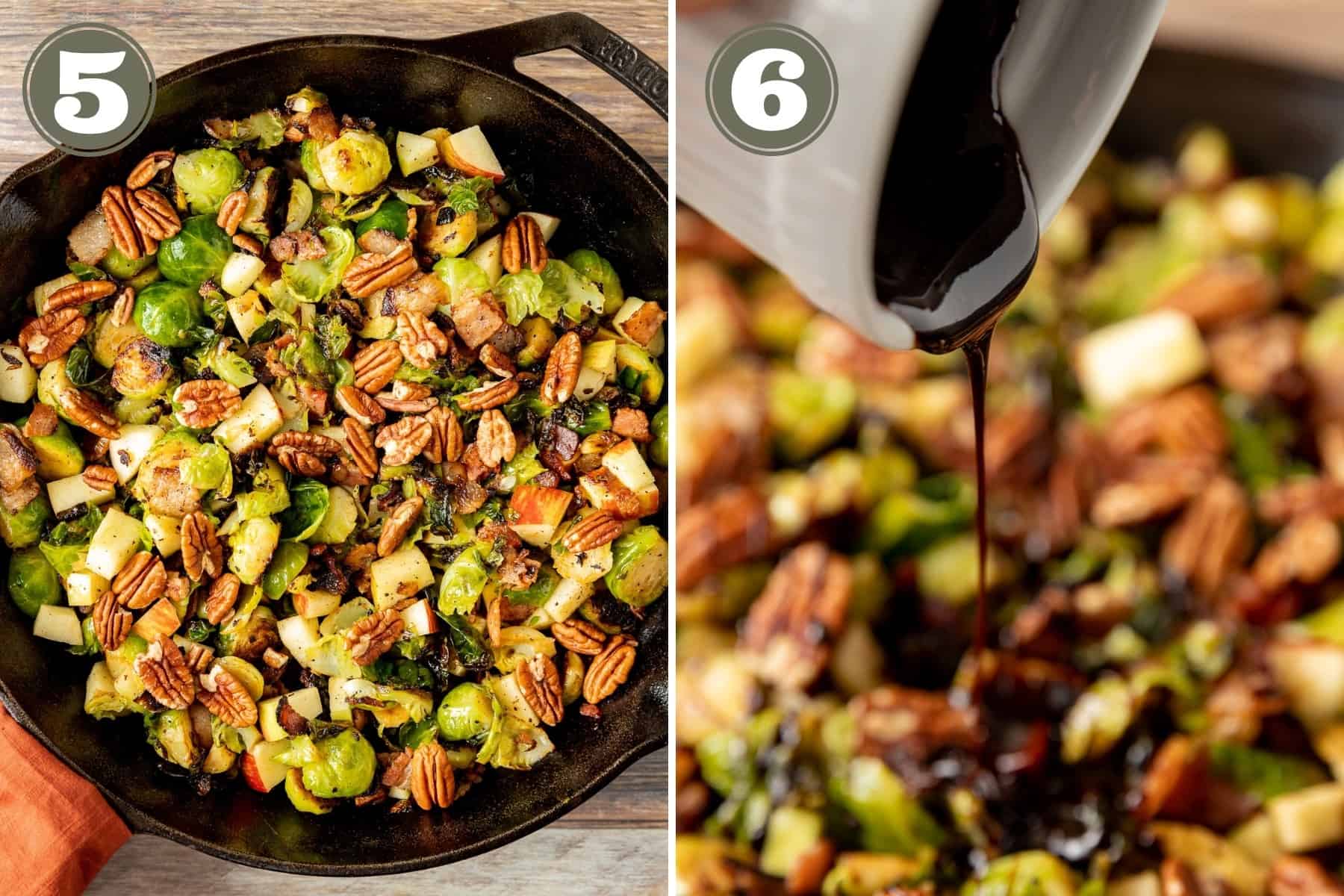 Process shots of a cast iron with brussels sprouts, bacon, apples, and pecan with a jar of balsamic reduction being poured on top.