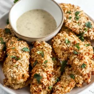 A plate of baked chicken tenders with Whole30 ranch on a grey background