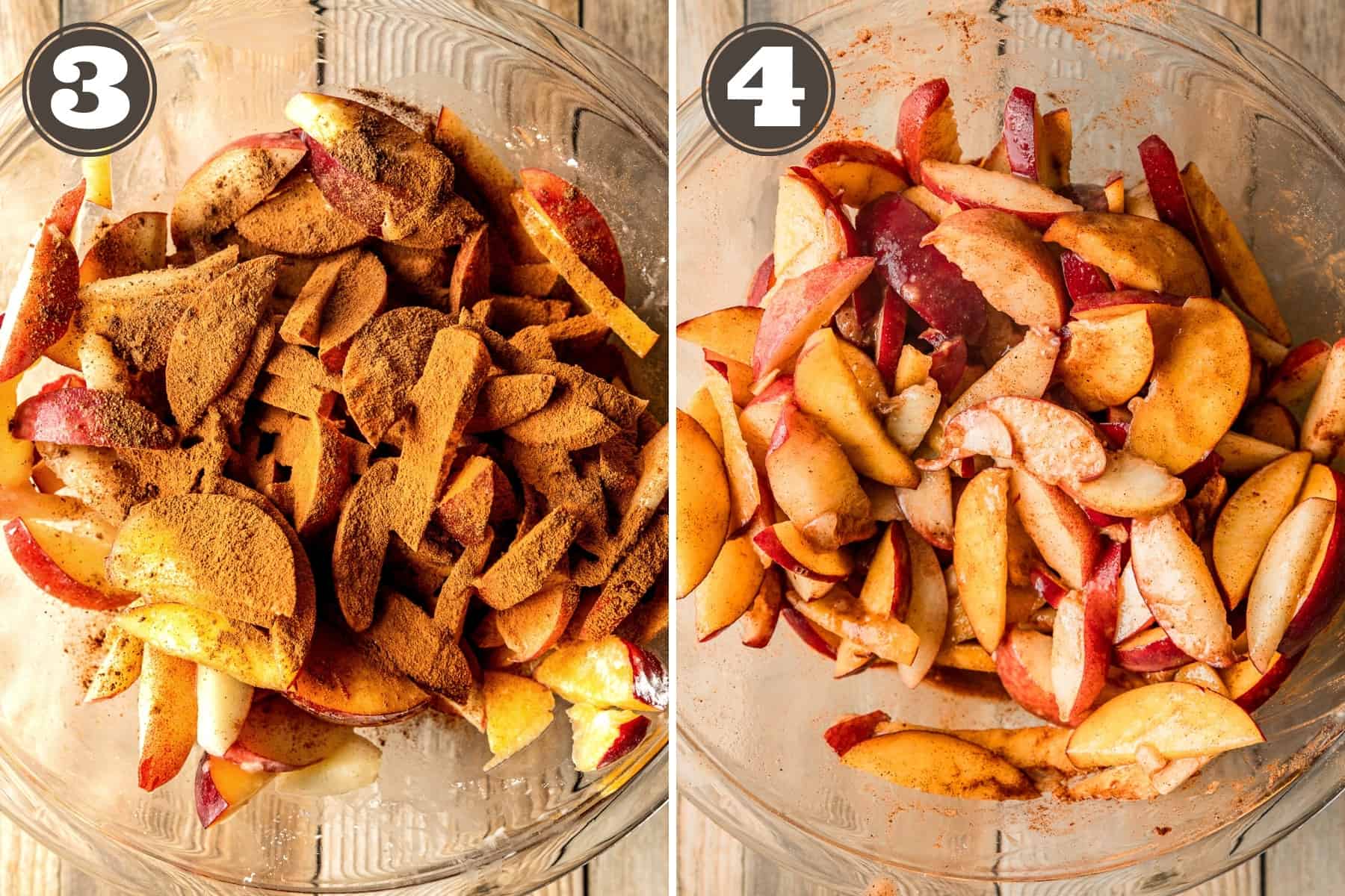 Side by side process photos showing sliced peached in a bowl mixed with all filling ingredients including cinnamon.