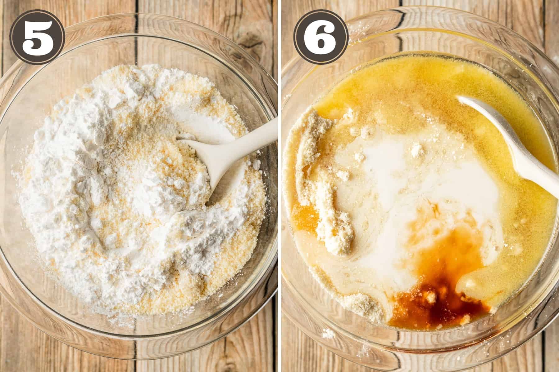 Side by side process photos showin dry cobbler ingredients in a bowl and wet being added.