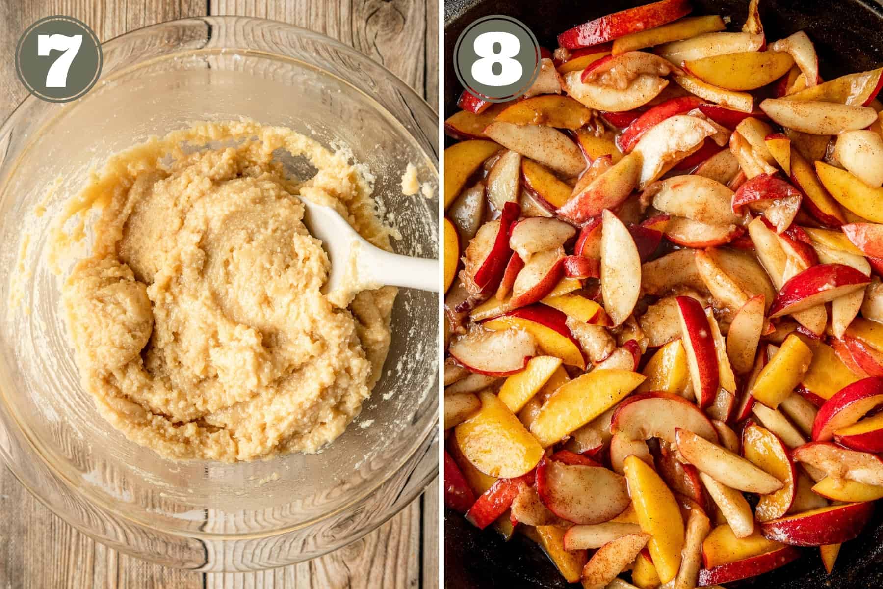 Side by side process photos showing cobbler dough in a bowl and peach slices in a cast iron pan.