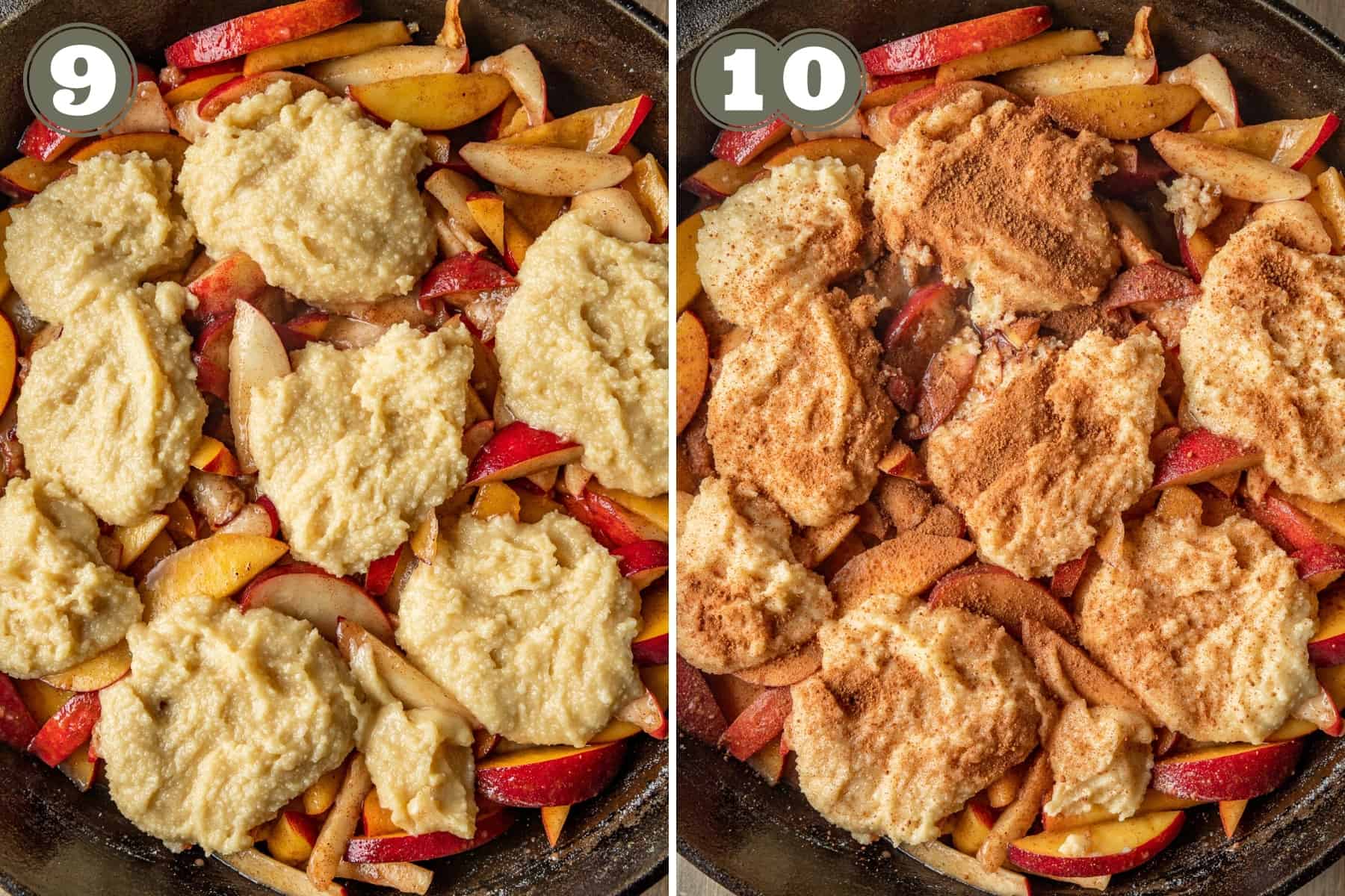 Side by side process photos showing peach slices in a cast iron pan dollaped with cobbler topping.