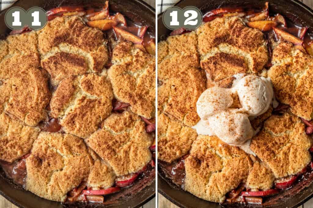 Side by side process photos of cooked peach cobbler in a cast iron topped with ice cream.