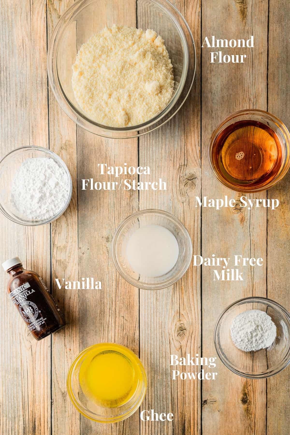 The ingredients needed for peach cobbler topping on a wood background.