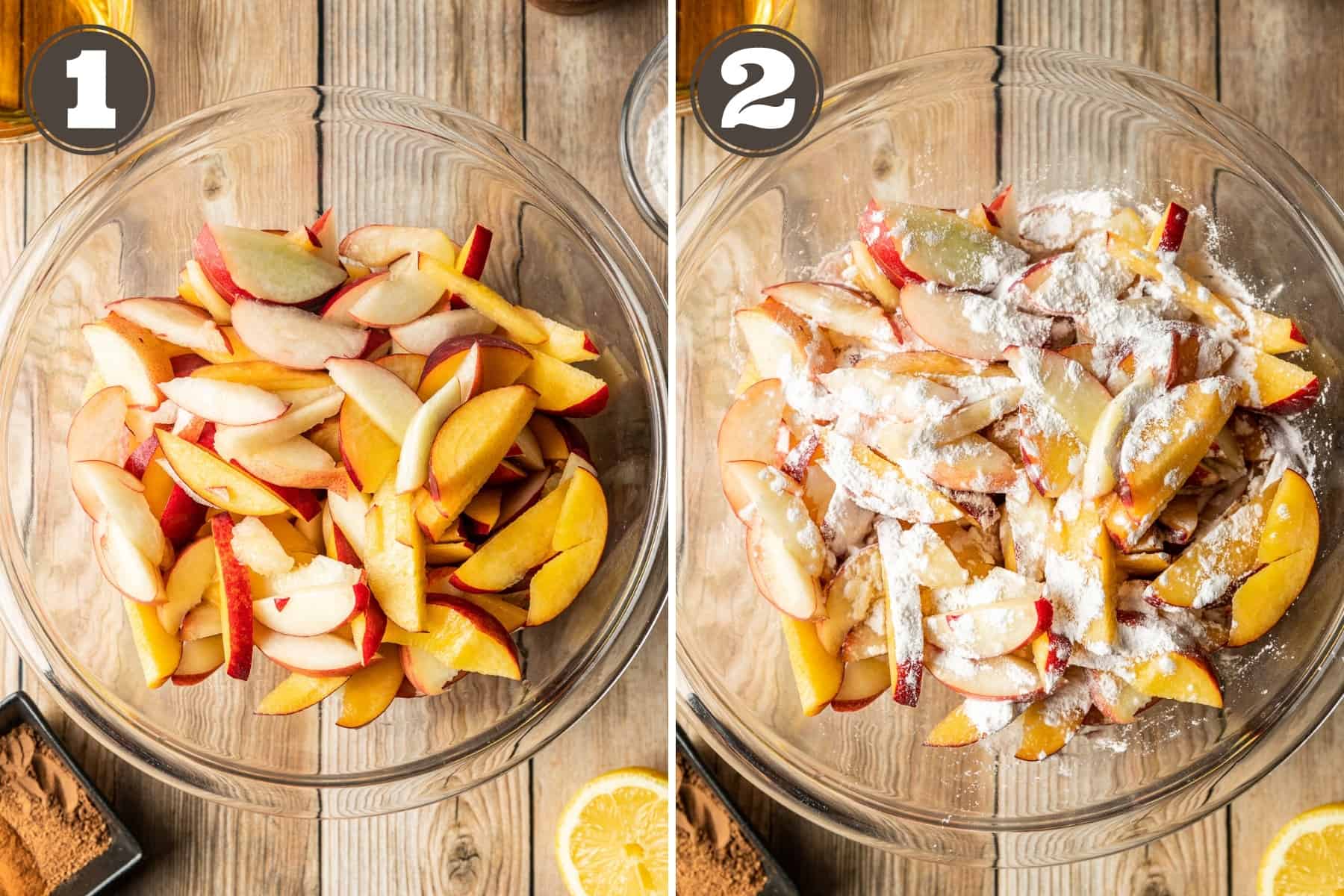 Side by side process photos showing sliced peached in a bowl and sprinkled with tapioca.