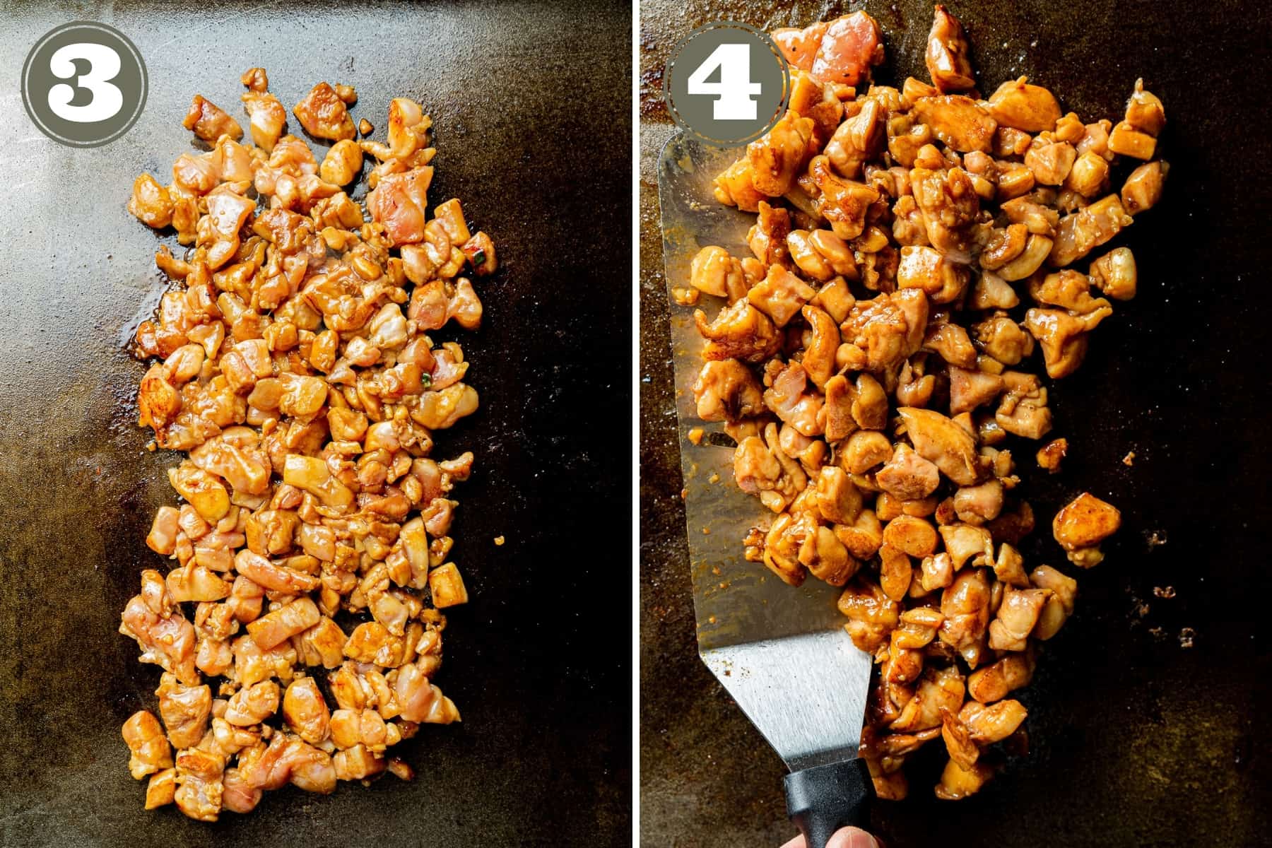 Side by side numbered photos of chicken on blackstone griddle pre and post cooked