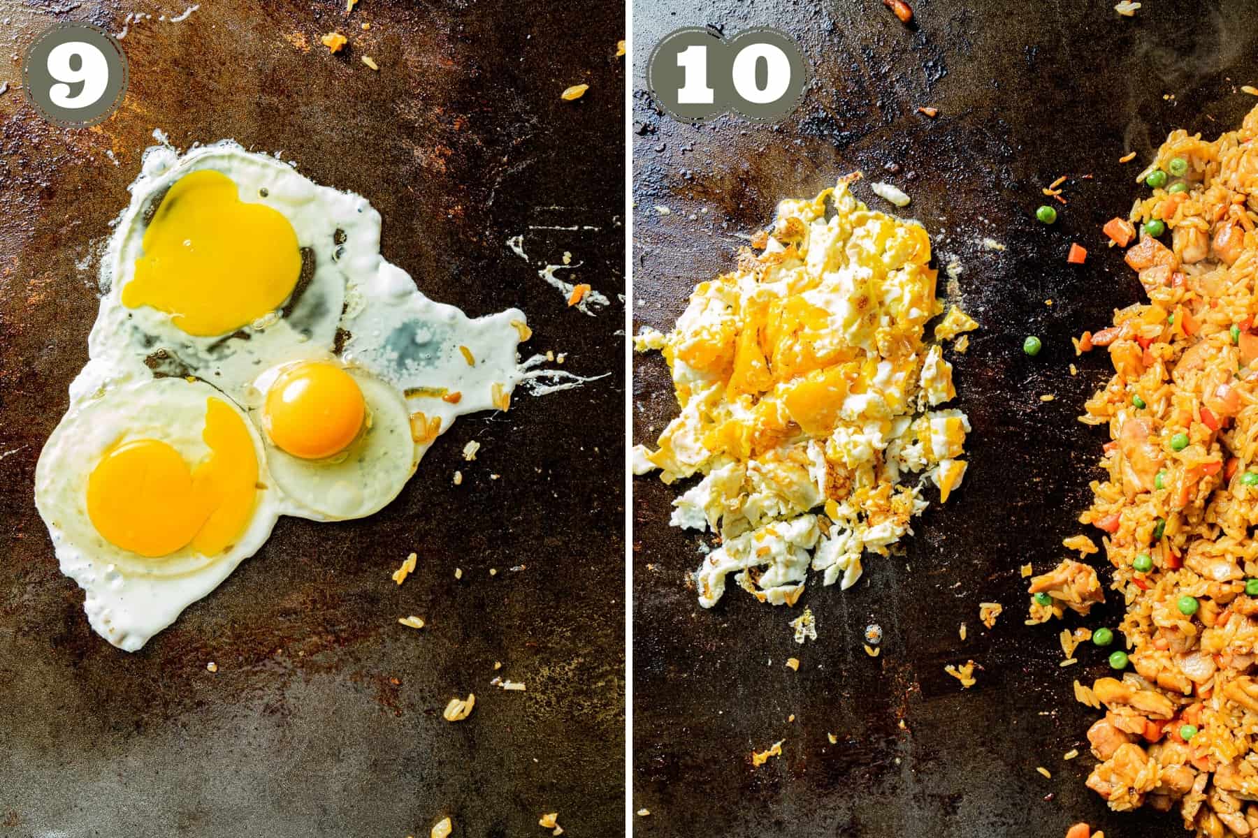 Side by side numbered photos of fried rice being made on a griddle including cracked eggs and eggs being scrambled.