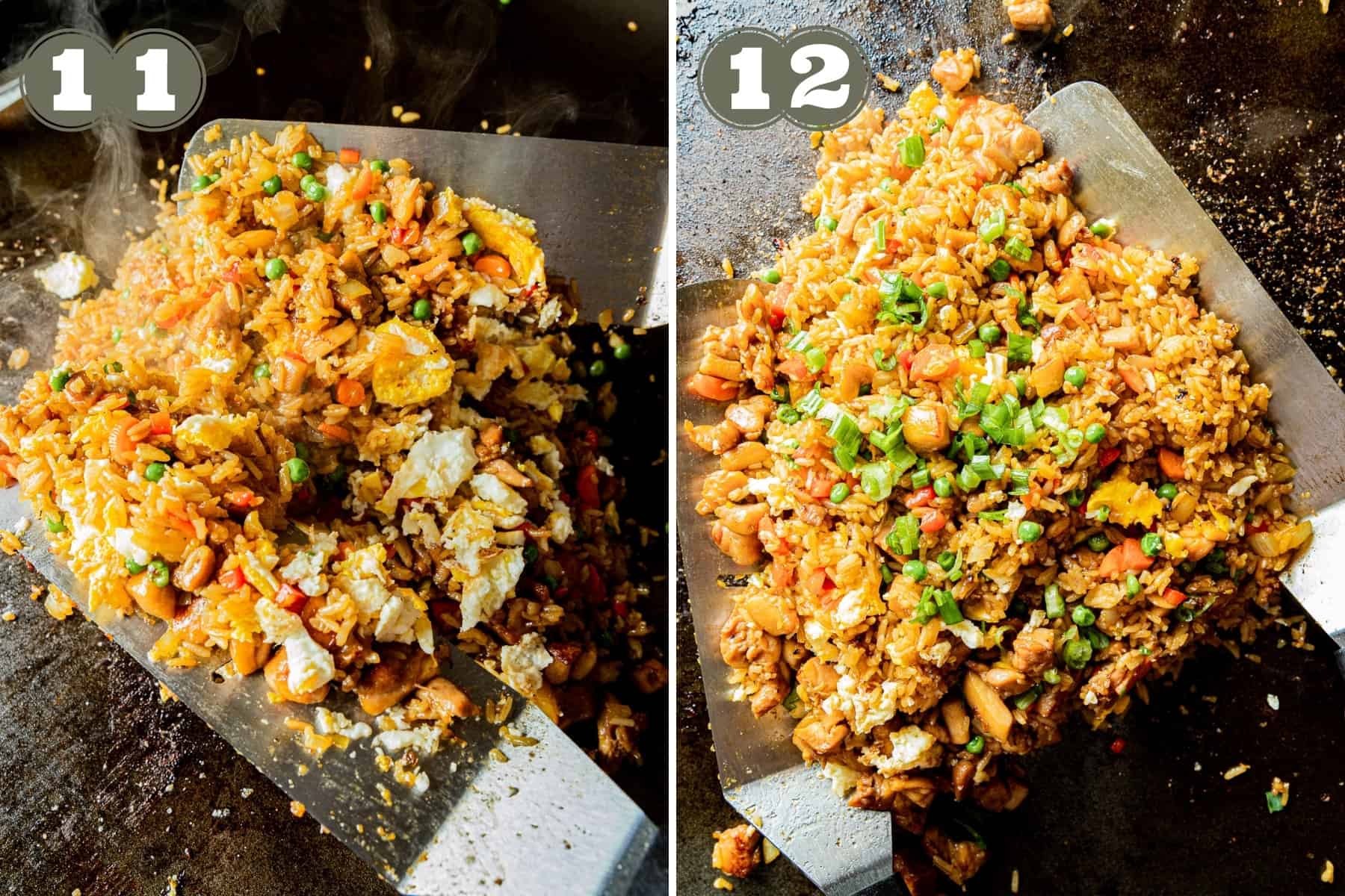 Side by side numbered photos of fried rice being made on a griddle including chicken, veggies, and rice being mixed with two spatulas.