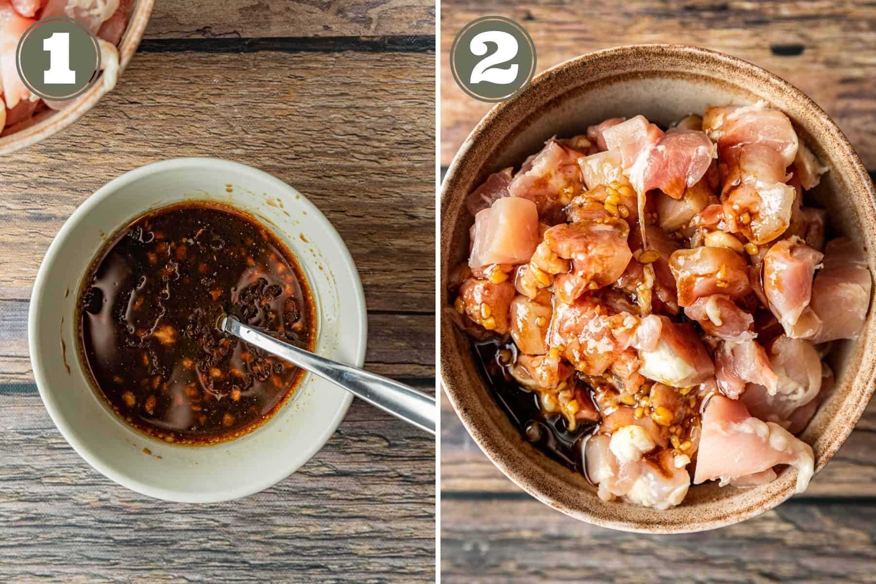 Side by side process photos of making a chicken marinade and the chicken marinading in a bowl