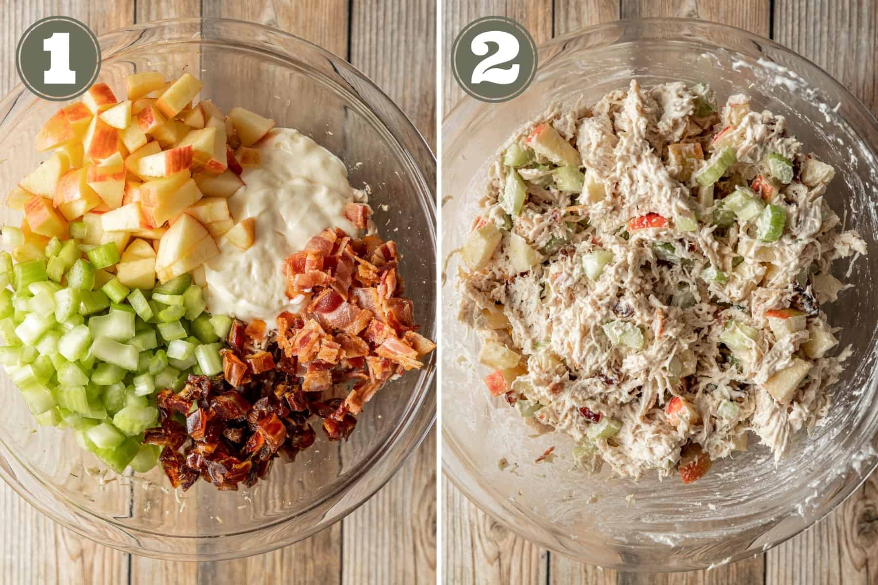 Two side by side photos; a bowl of chicken salad ingredients pre-mixed and after being mixed.