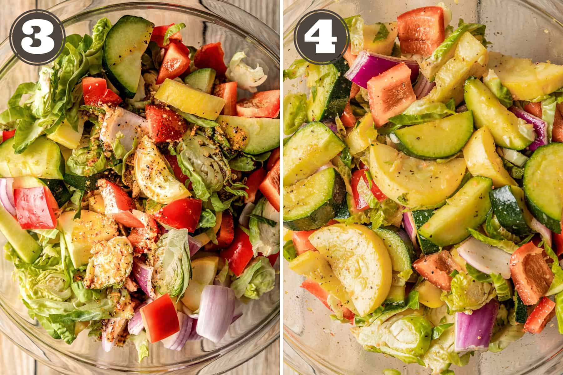 Side by side photos showing chopped mixed veggies topped with and then tossed with marinade.