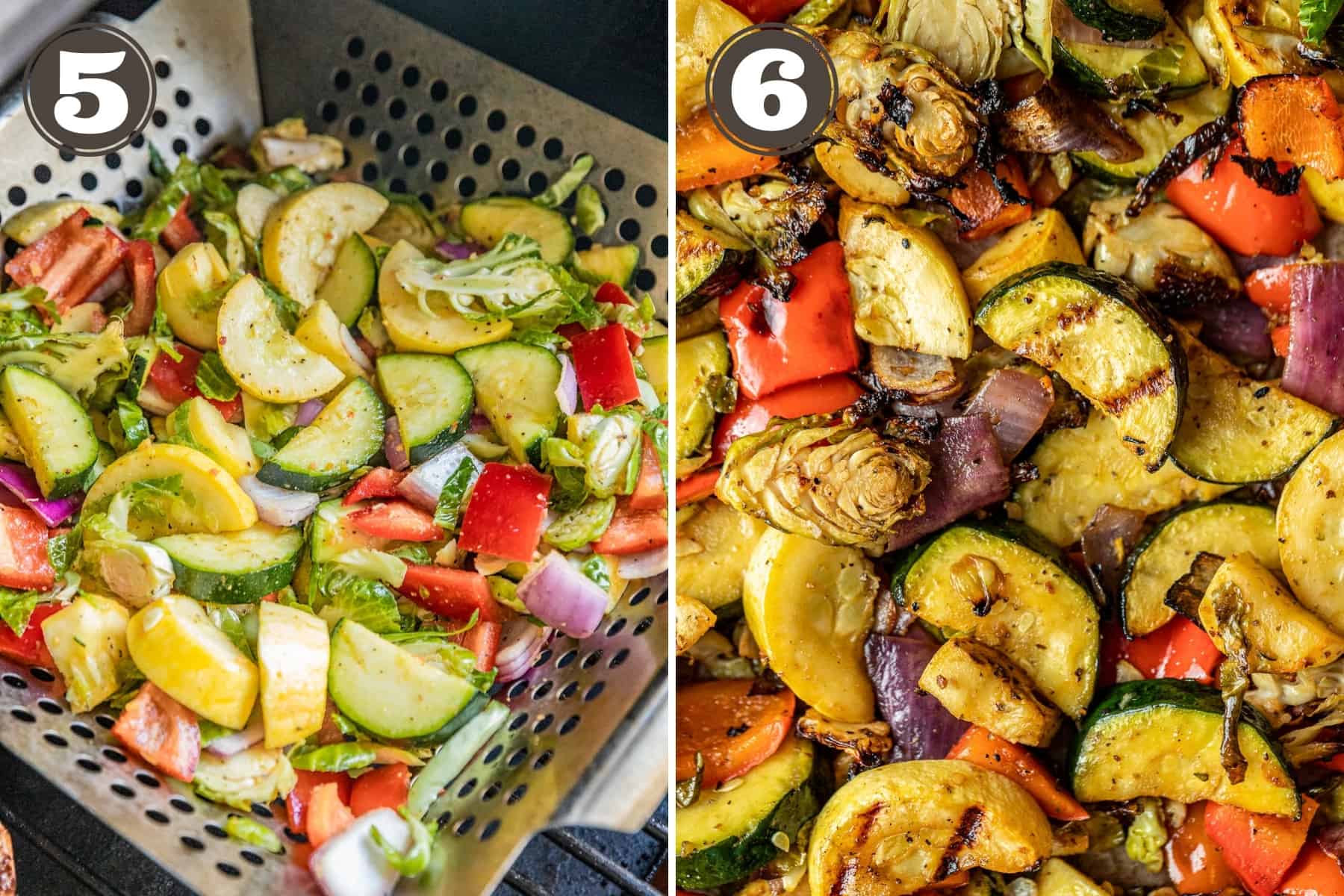 Side by side photos showing vegetables smoking in a grill basket and being served on a baking dish.