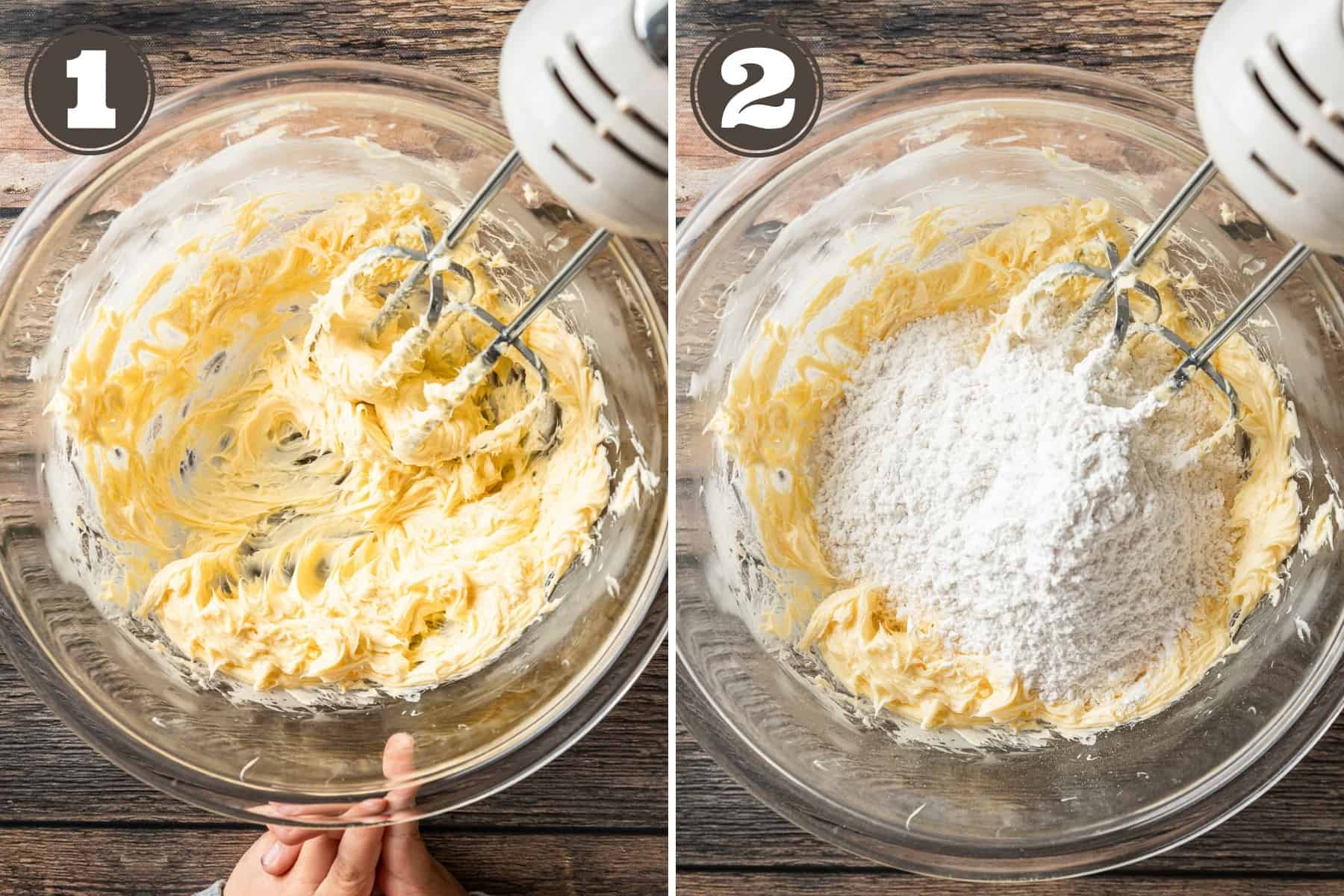Side by side photos showing butter being creamin in a bowl and powdered sugar being added.