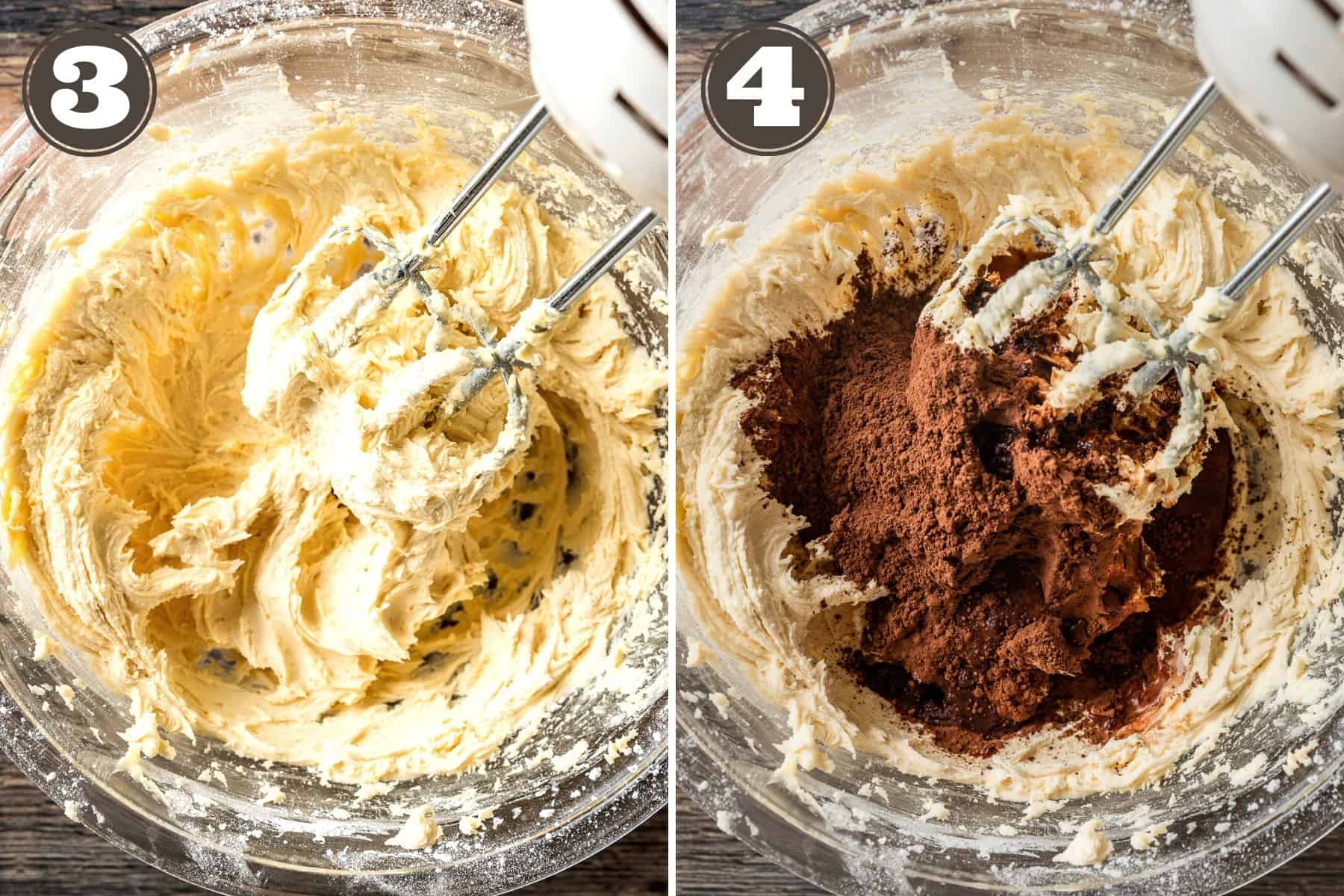 Side by side photos showing whipped american buttercream and adding of cocoa powder.