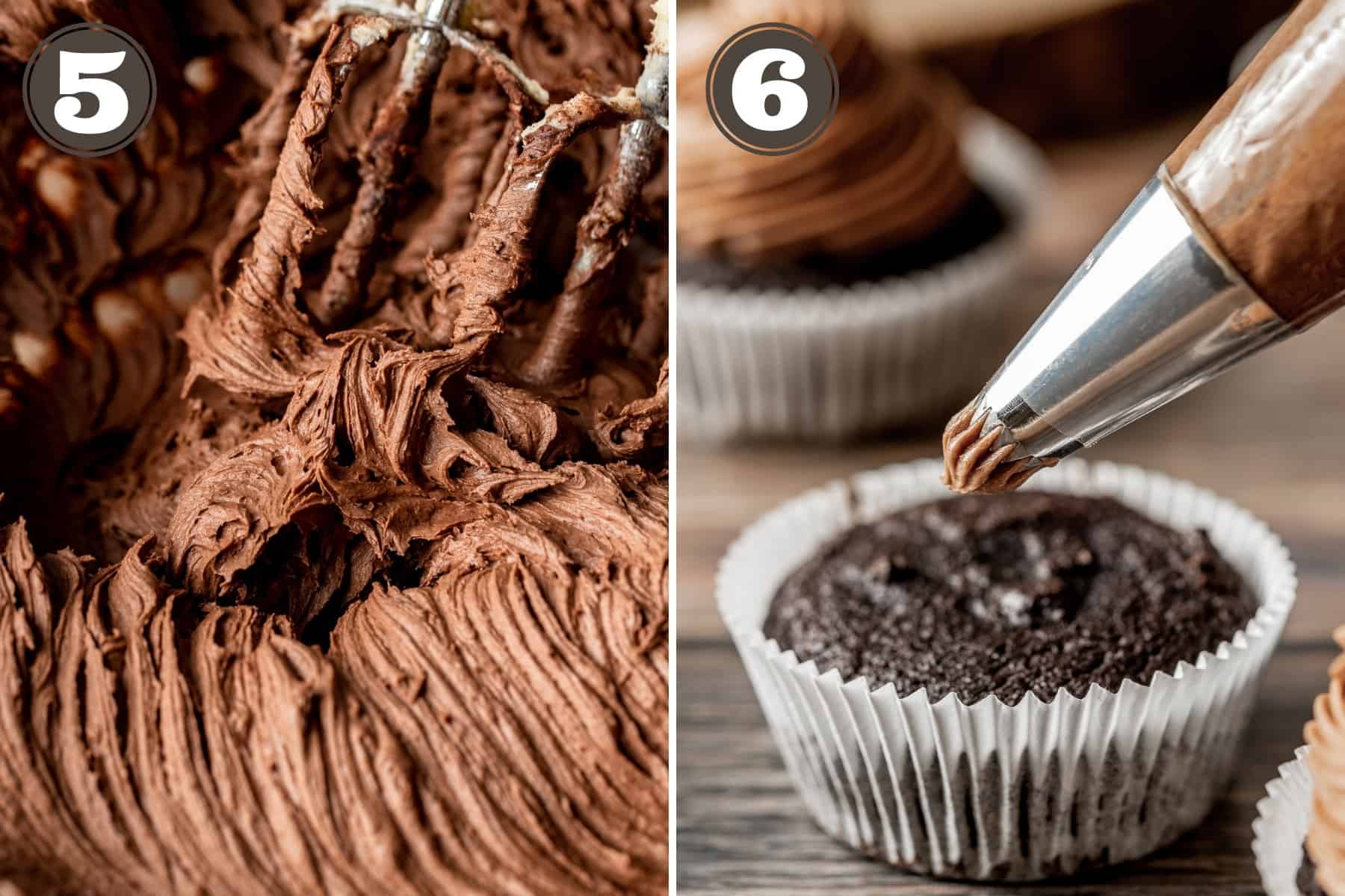 Side by side photos showing chocolate buttercream and frosting being piped on a chocolate cupcake.