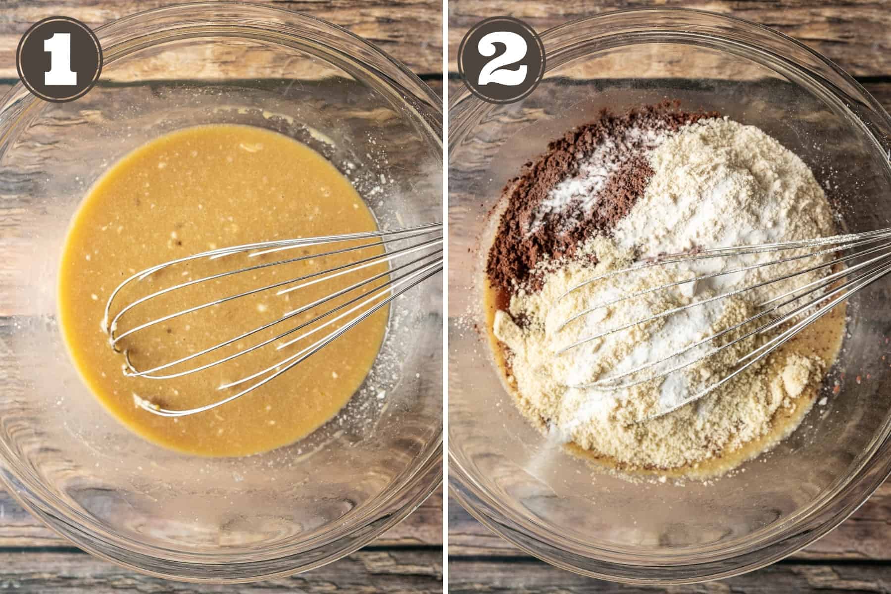 Side by side photos of a bowl containing wet cupcake ingredients and a bowl adding dry ingredients.
