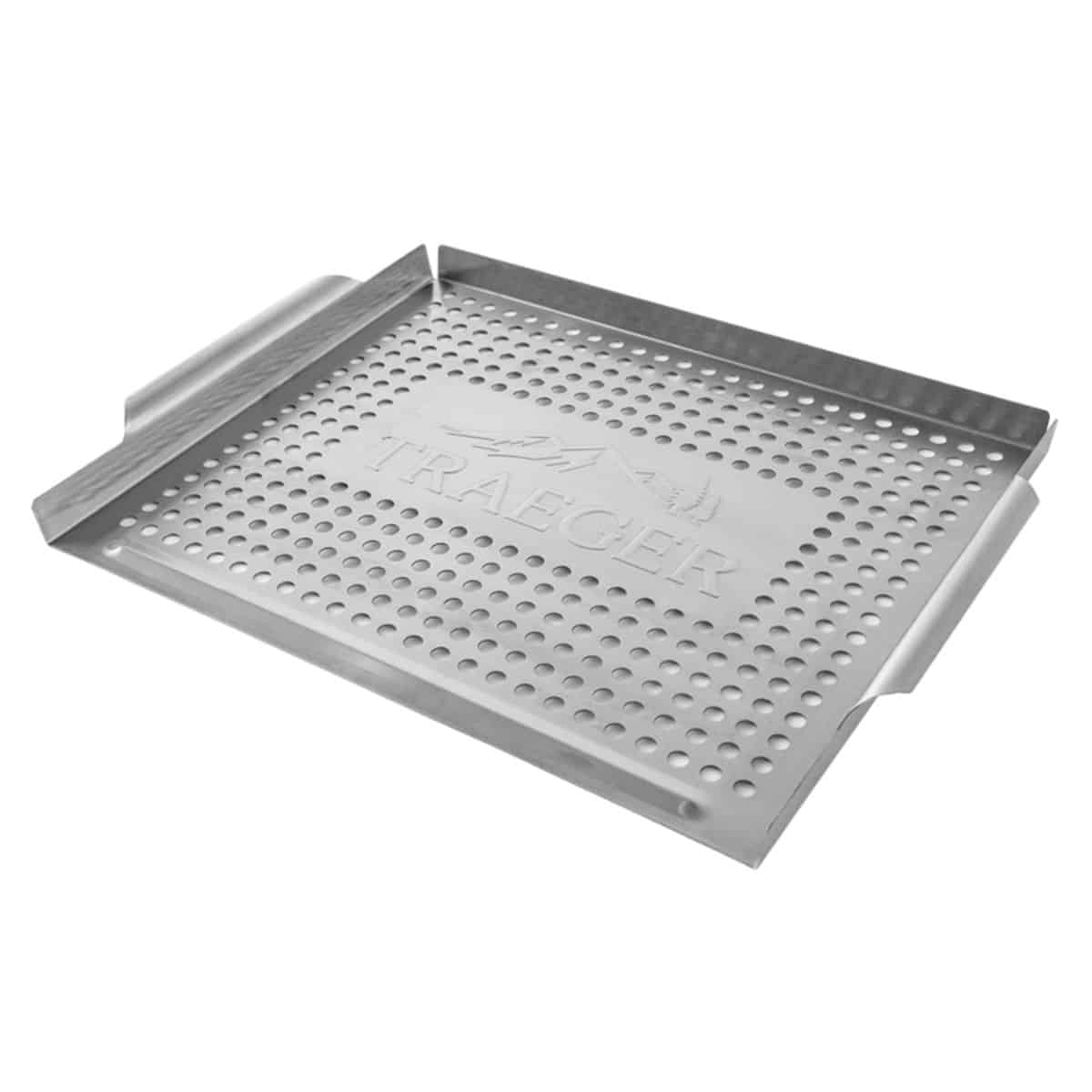 A stainless steel grill basket on a white background.