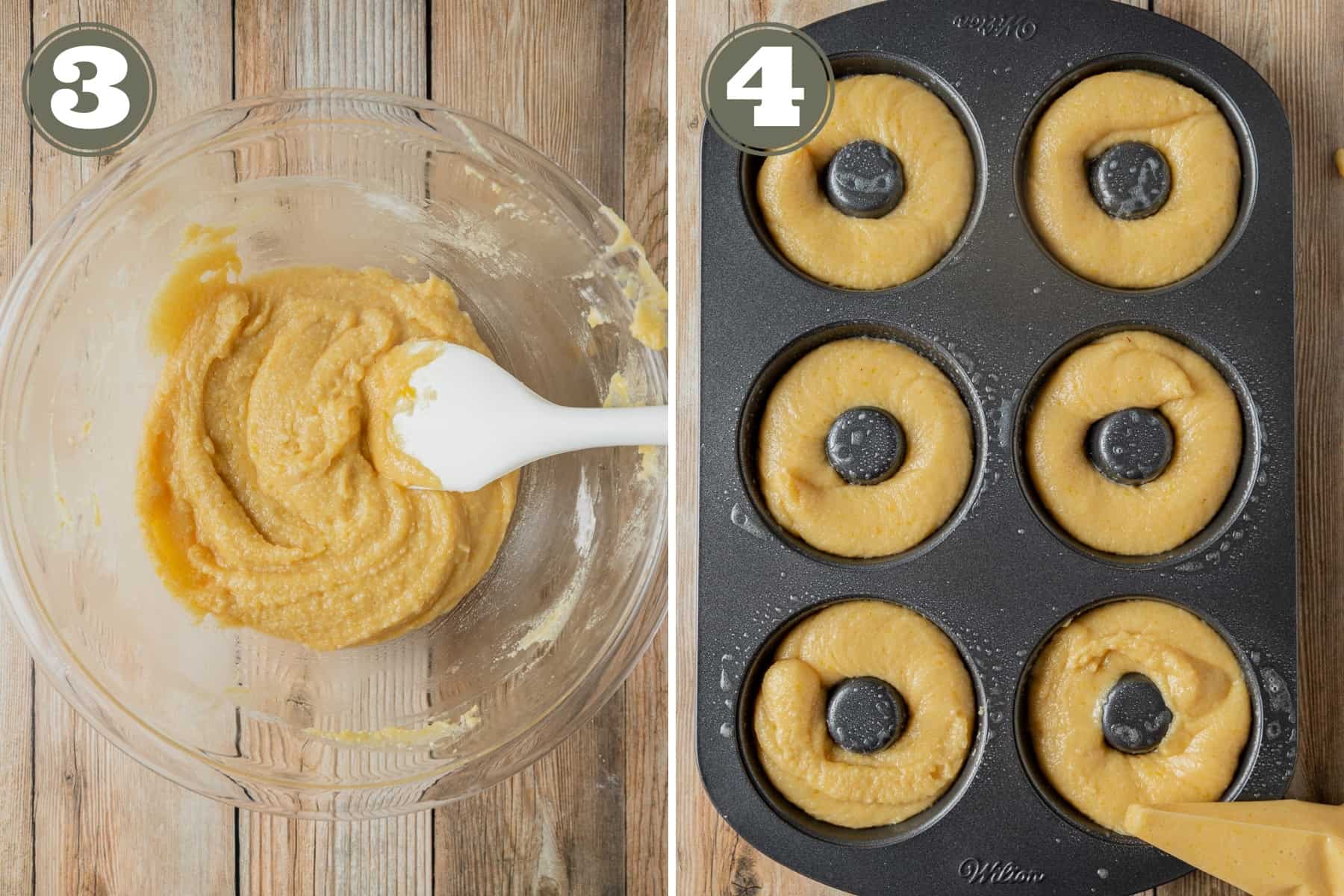 Side by side process shots including donut batter in a bowl and donut batter piped into a donut pan.