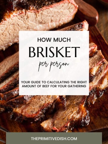 Sliced brisket on a cutting board with a text overlay "how much brisket per person"