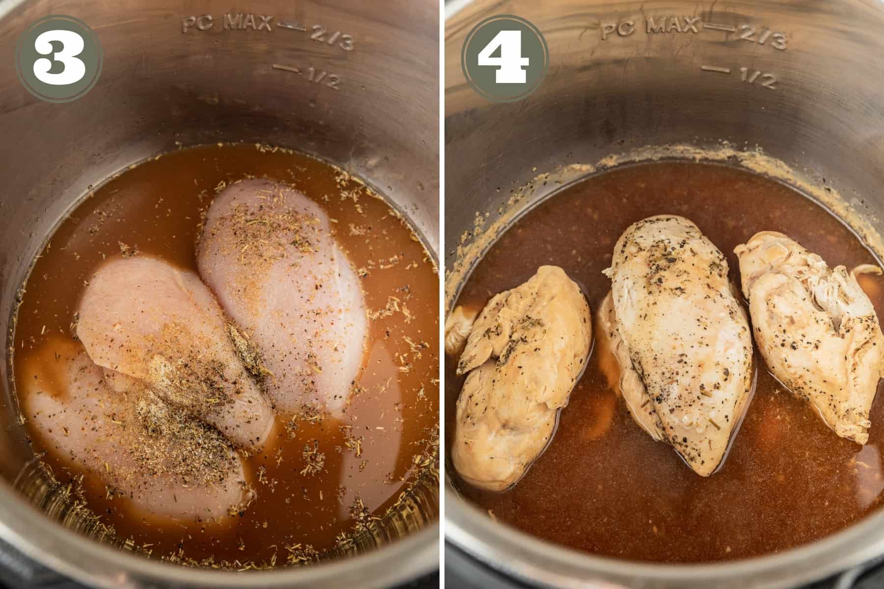 Side by side photos of the process to make instant pot chicken including chicken and bone broth pre cooked and after being cooked in the bottom of the instant pot.