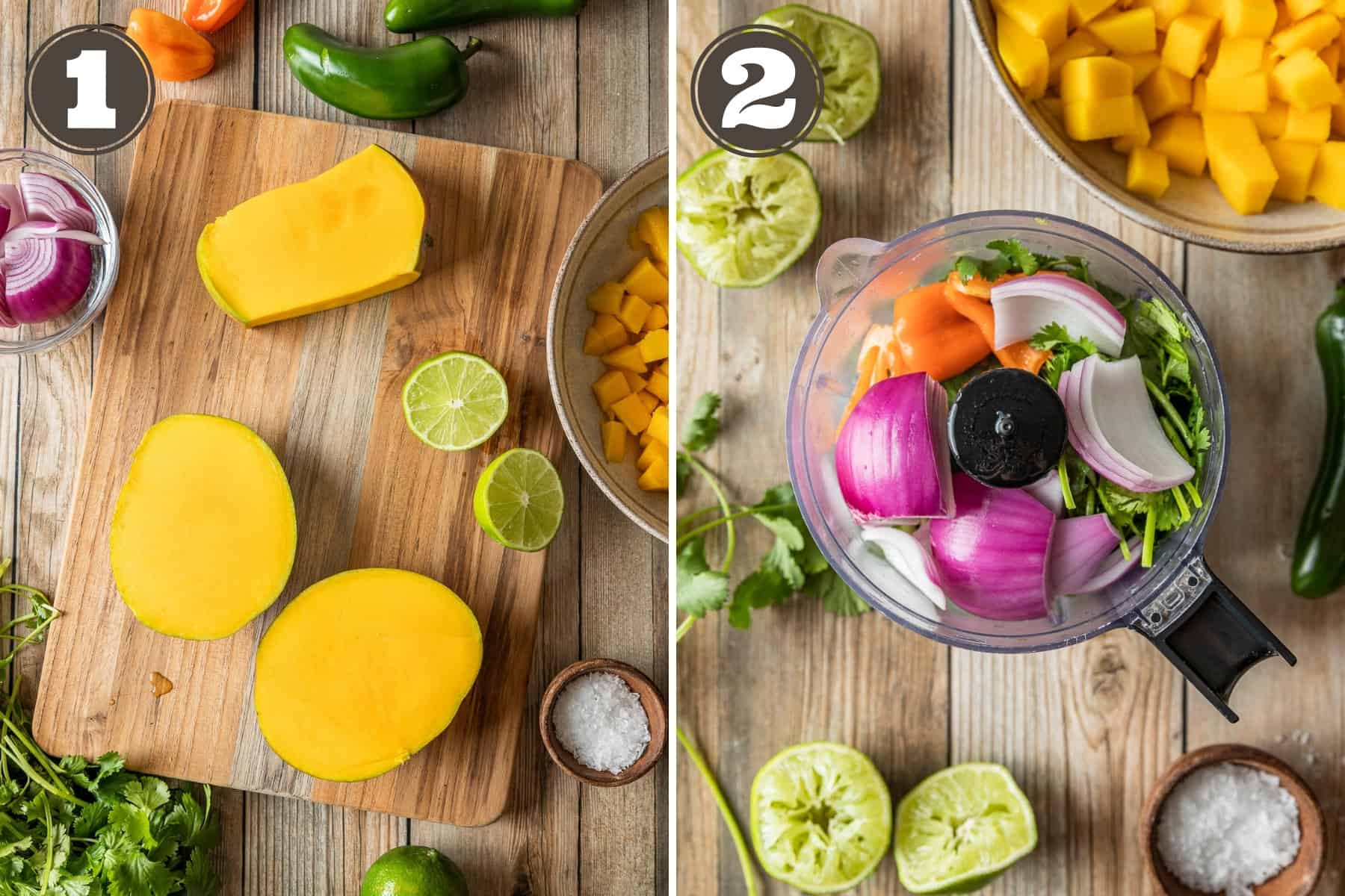 Side by side photos showing a mango being cut on a wood board and salsa ingredients in a food processor.