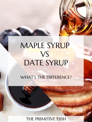 A two photo collage of date syrup in a white bowl and syrup being drizzled on pancakes with a text overlay stating maple syrup vs date syrup