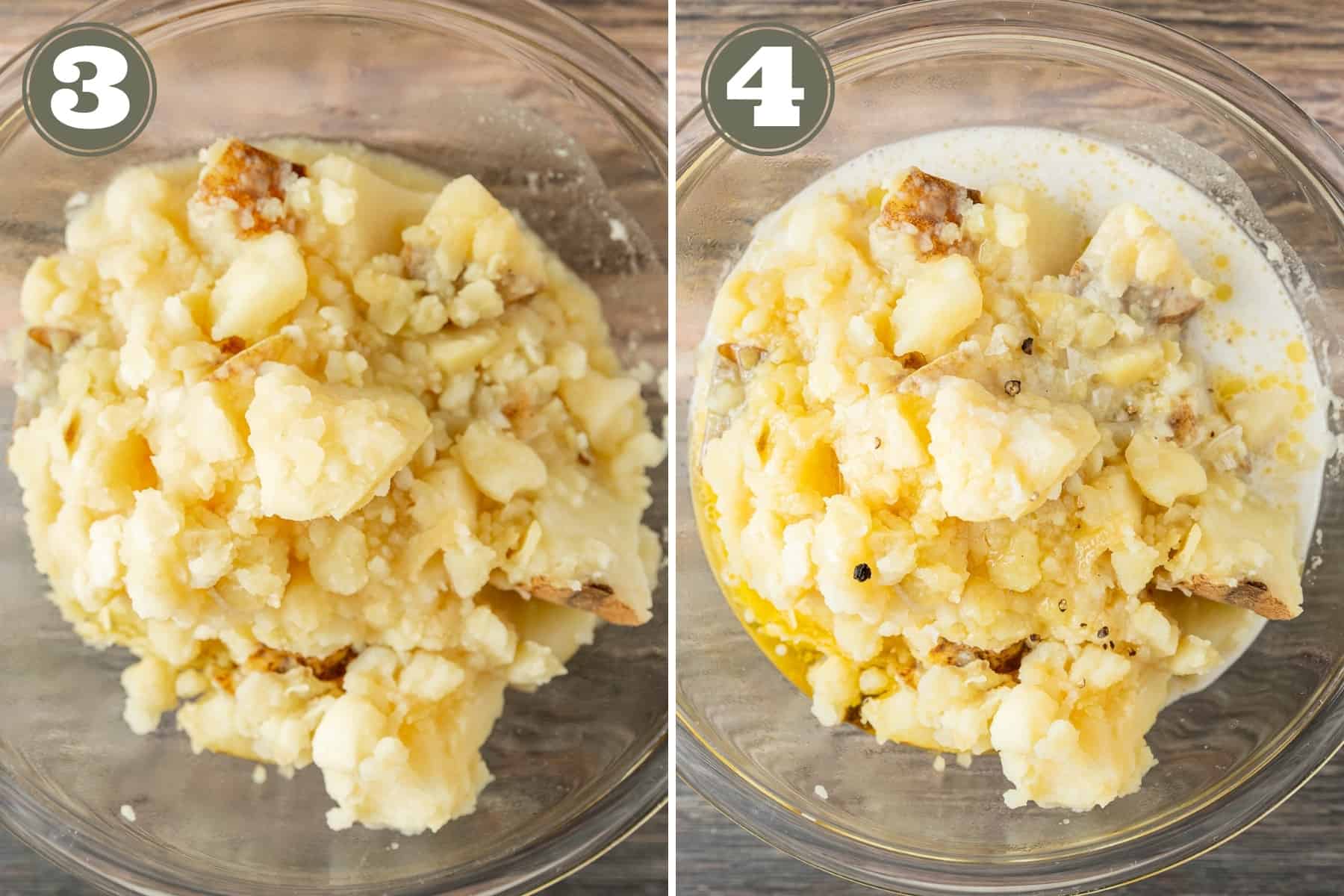 Side by side process photos of cooked potatoes in a bowl with milk and butter.