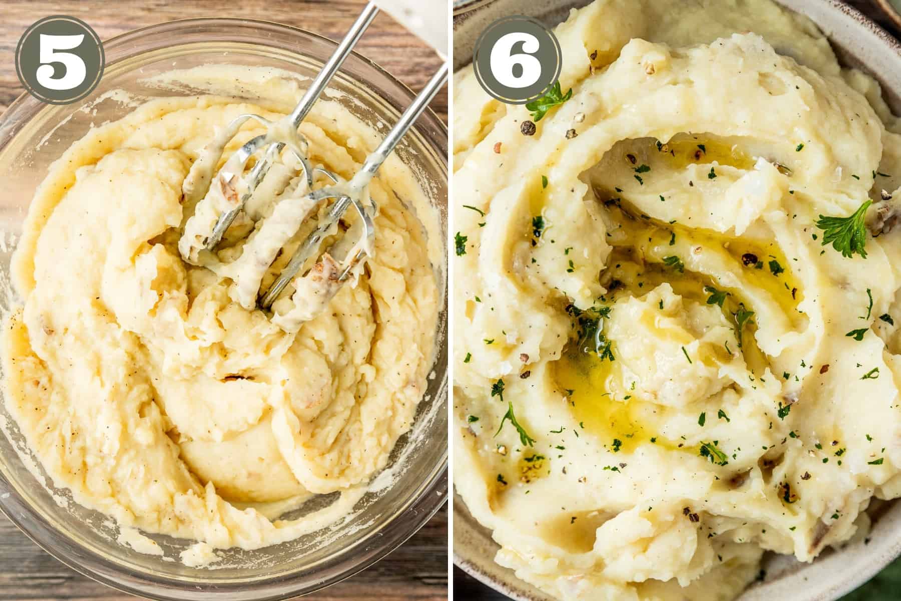 Side by side process photos of mixed mashed potatoes topped with butter and parsley.