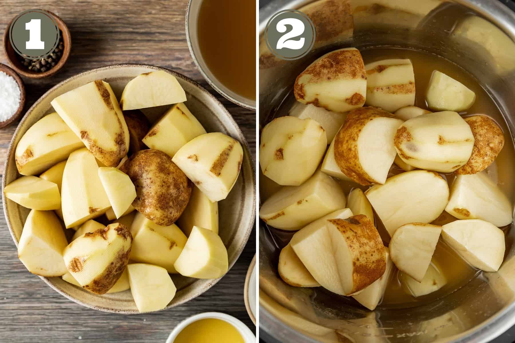 Side by side process photos of cut up potatoes in a bowl and in the instant pot