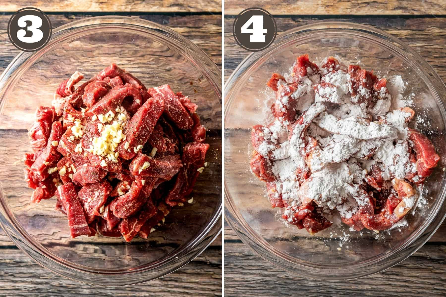 Side by side photos showing sliced flank steak in a glass bowl being marinaded.