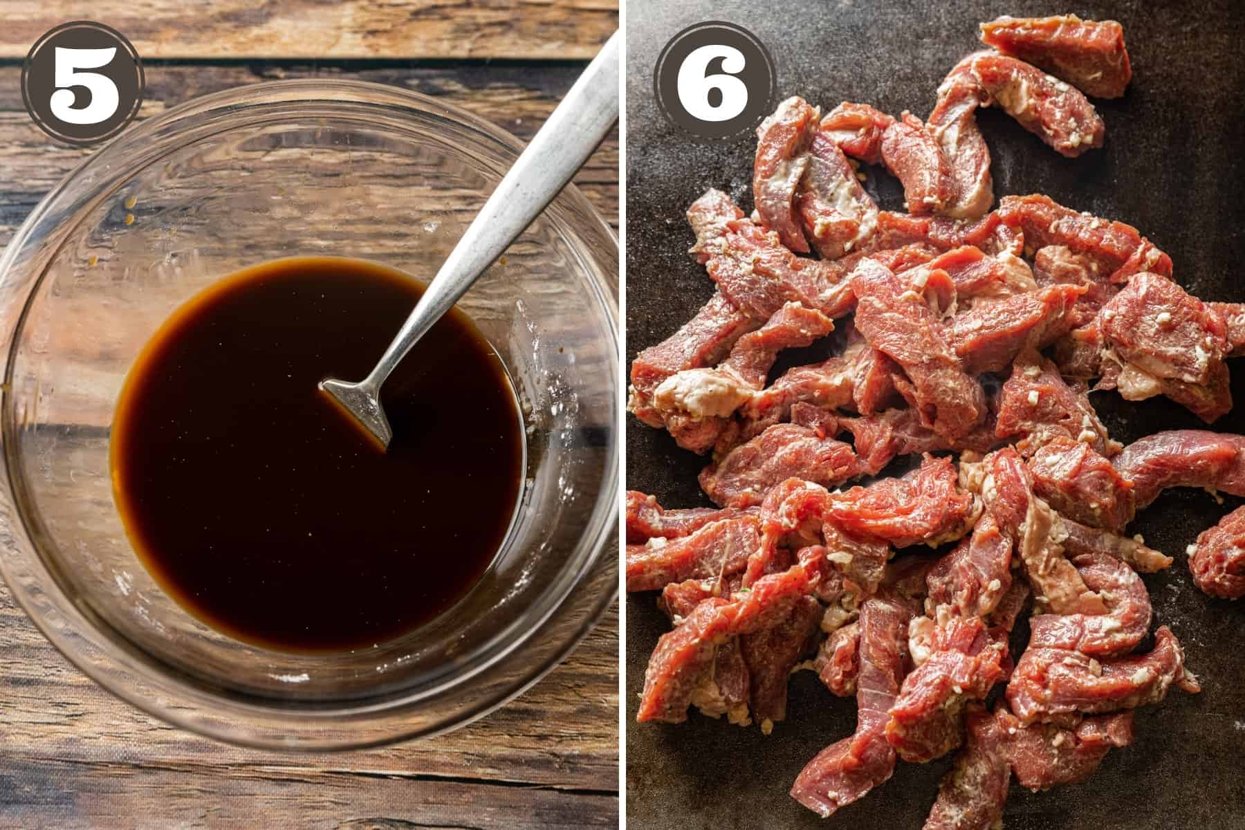 Side by side photos showing a glass bowl with stir fry sauce and steak cooking on a blackstone griddle.