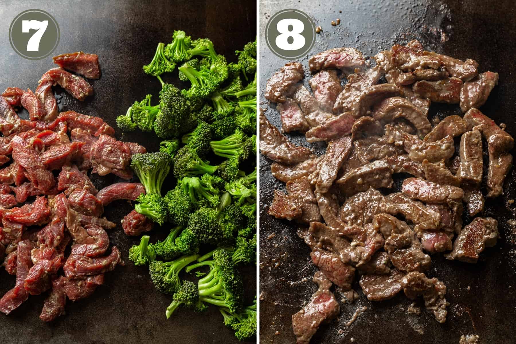 Side by side photos showing steak and broccoli cooking on a blackstone griddle.