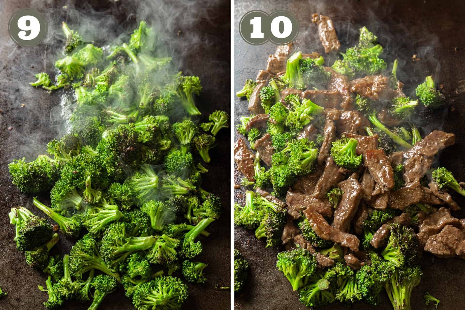 Side by side photos showing broccoli steaming on a blackstone griddle and beef and broccoli mixed on the griddle.