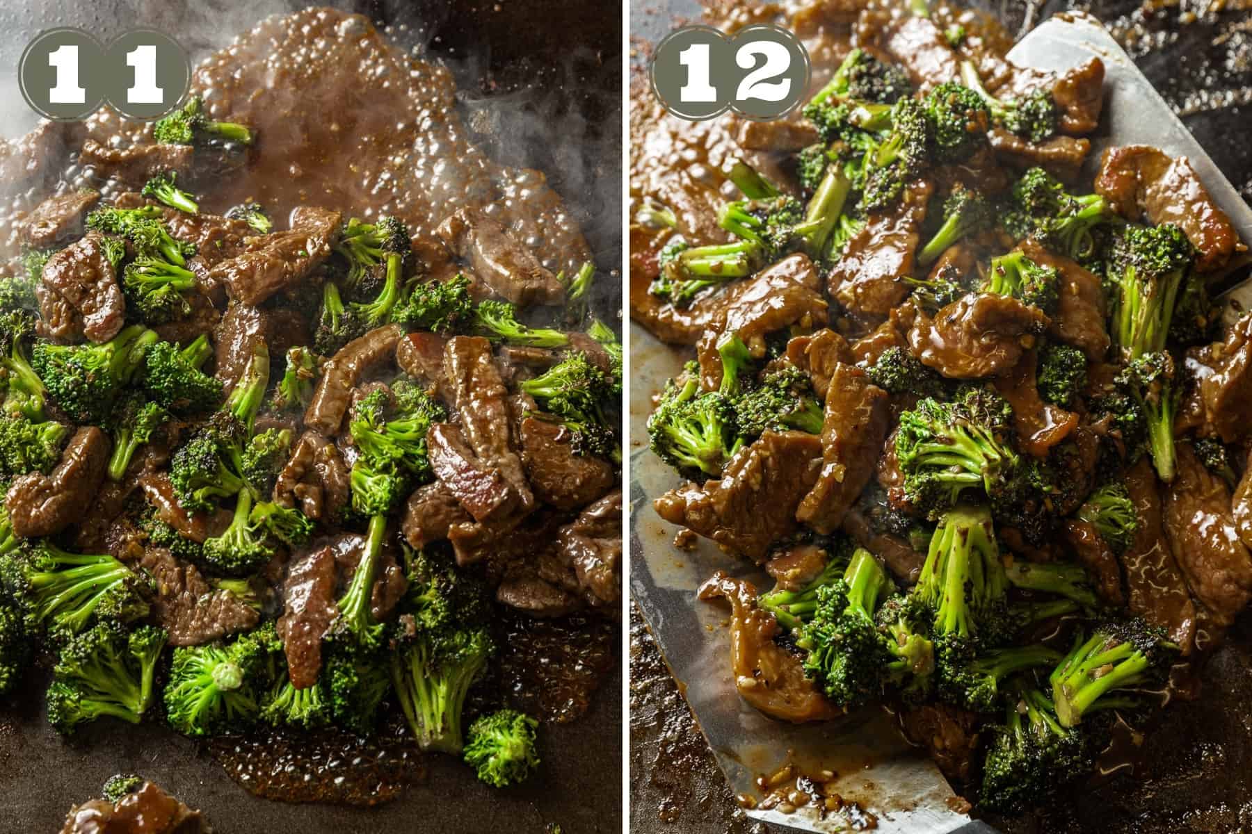 Side by side photos showing beef and broccoli on a blackstone griddle being mixed with stir fry sauce.