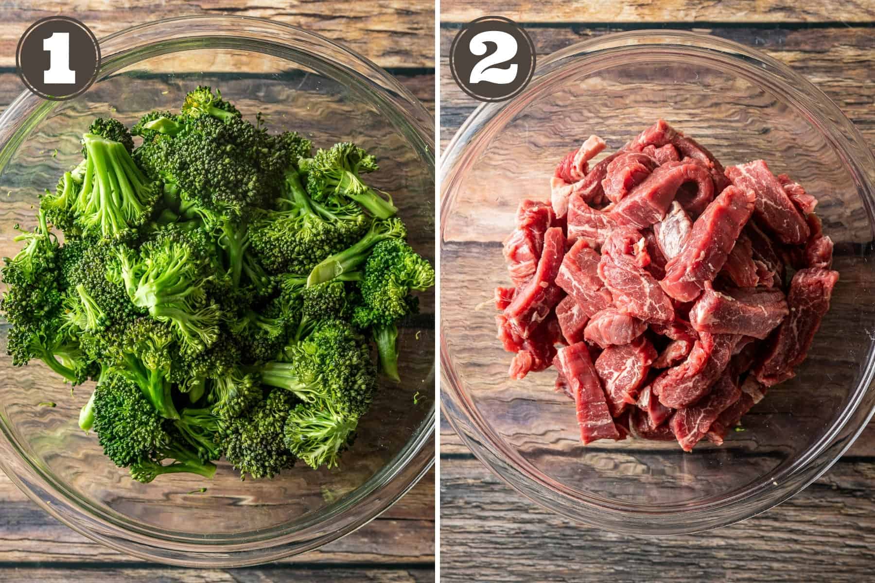 Side by side photos showing a glass bowl of broccoli and a glass bowl of sliced flank steak on a wood background.