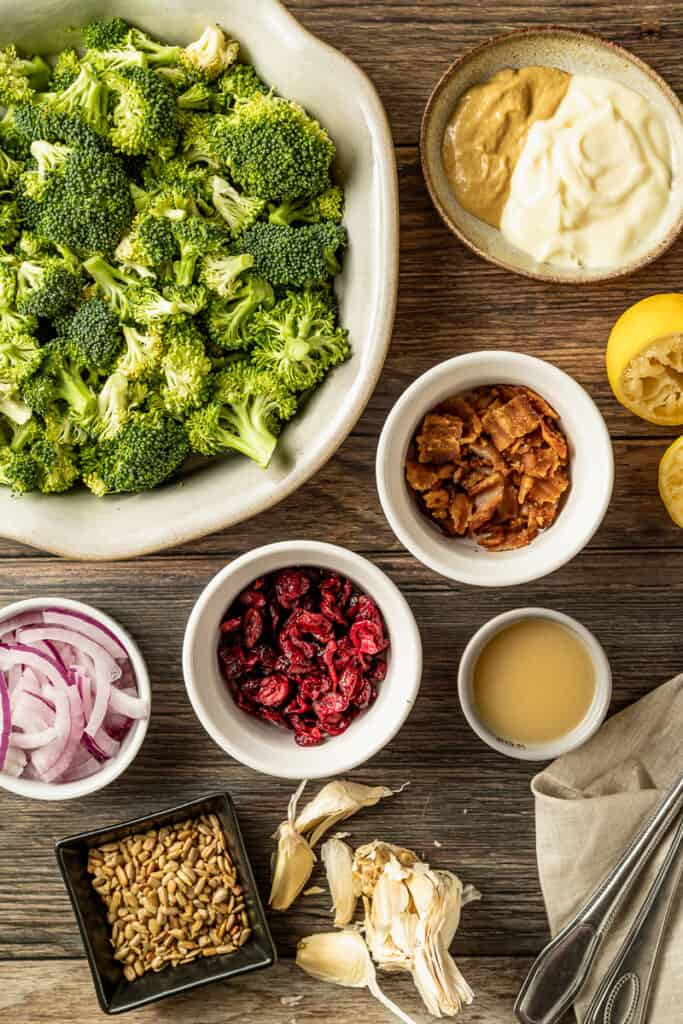 An overhead shot of all ingredients needed for paleo broccoli salad