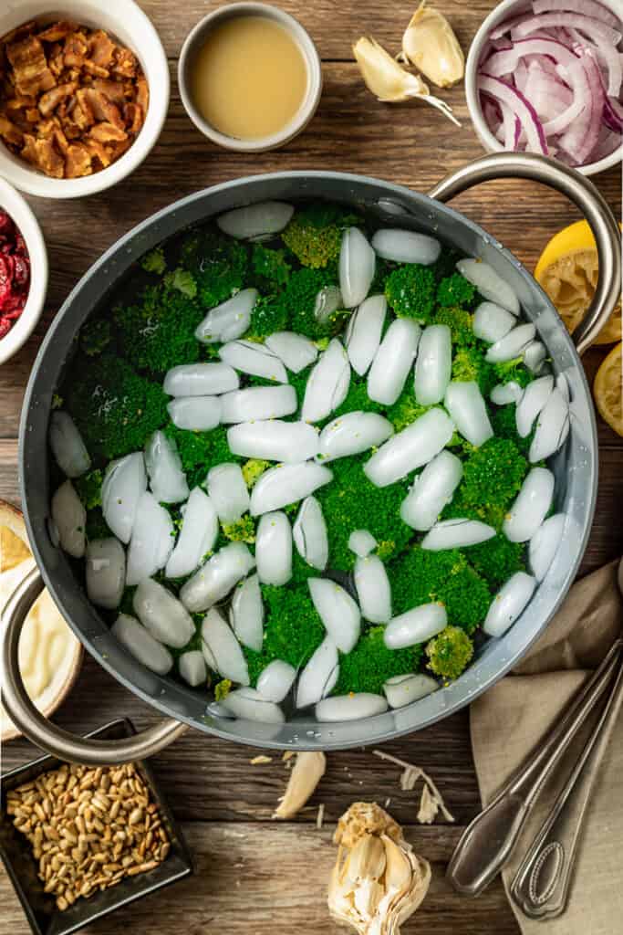 An overview shot of broccoli in an ice bath after blanching