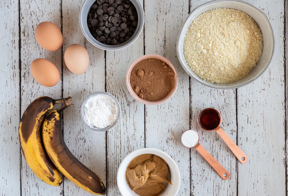 An overview shot of the ingredients needed for chocolate chip banana bread