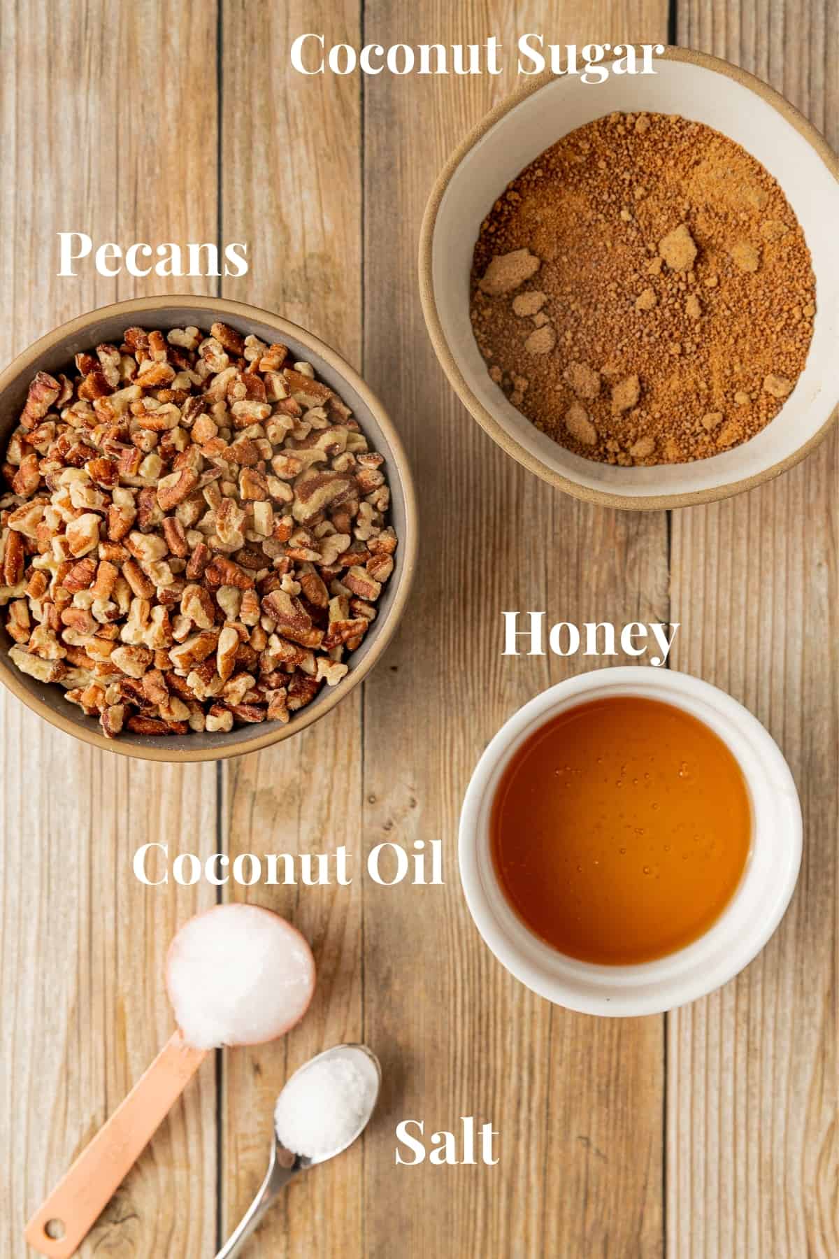 An overview shot of the ingredients needed for pecan pie topping.