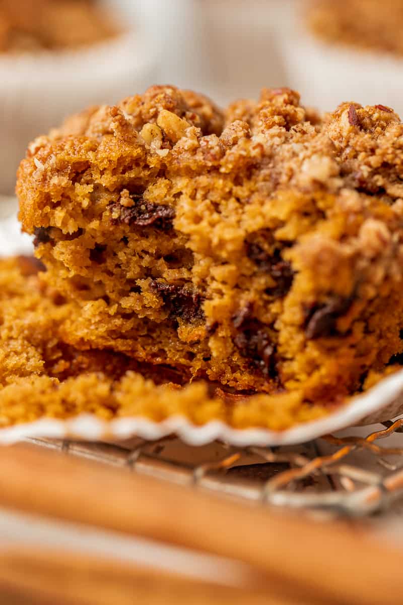 A paleo pumpkin chocolate chip muffin with a bite take out on a cooling rack