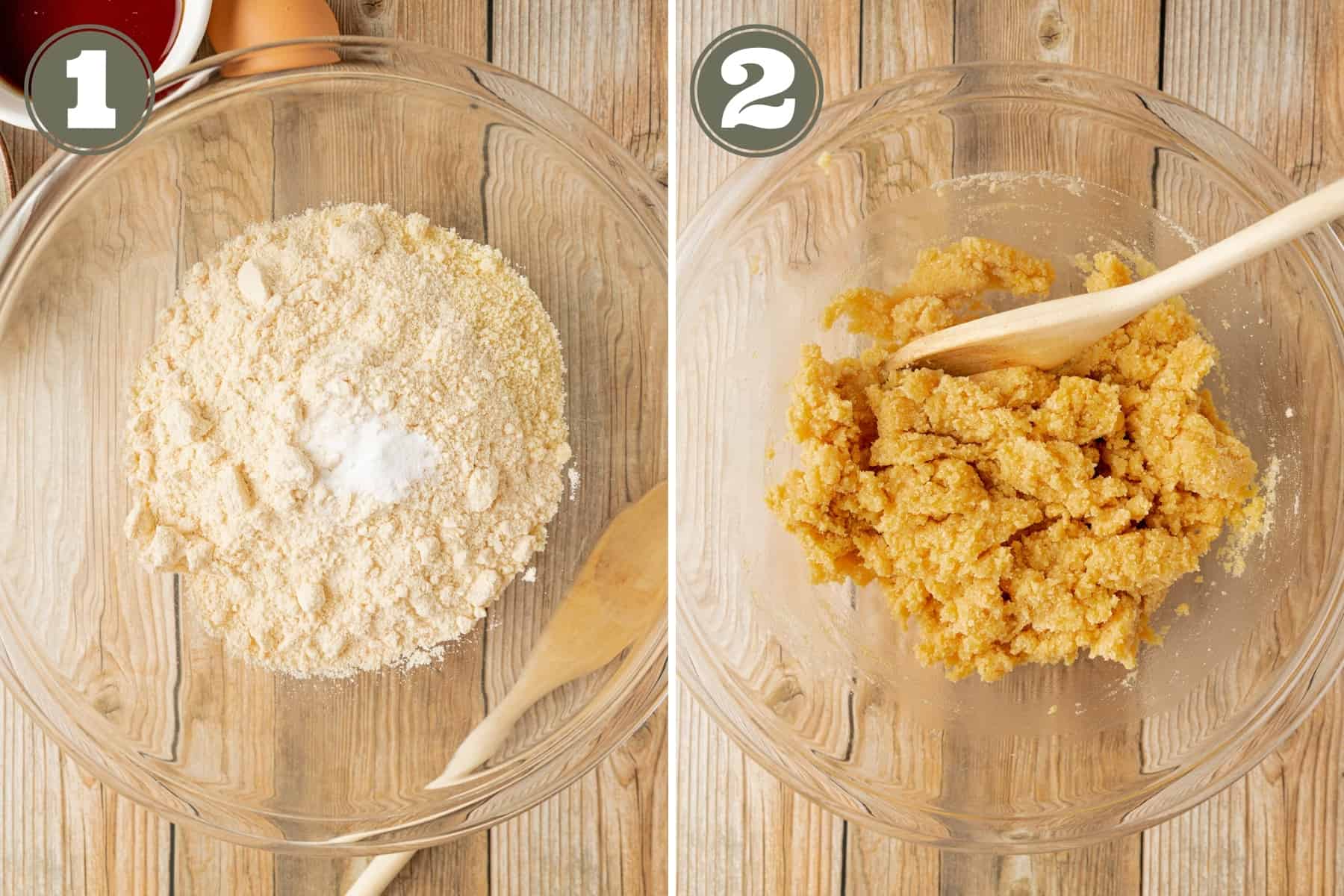 An overview shot of a mixing bowl of ingredients being mixed for a shortbread crust.